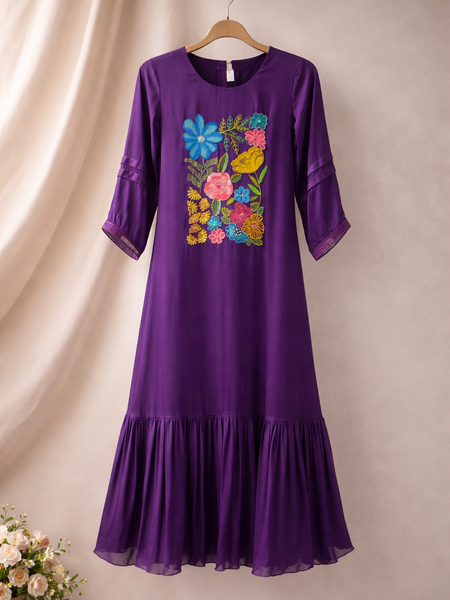 Purple Floral Embroidered Flared Kurta Dress.