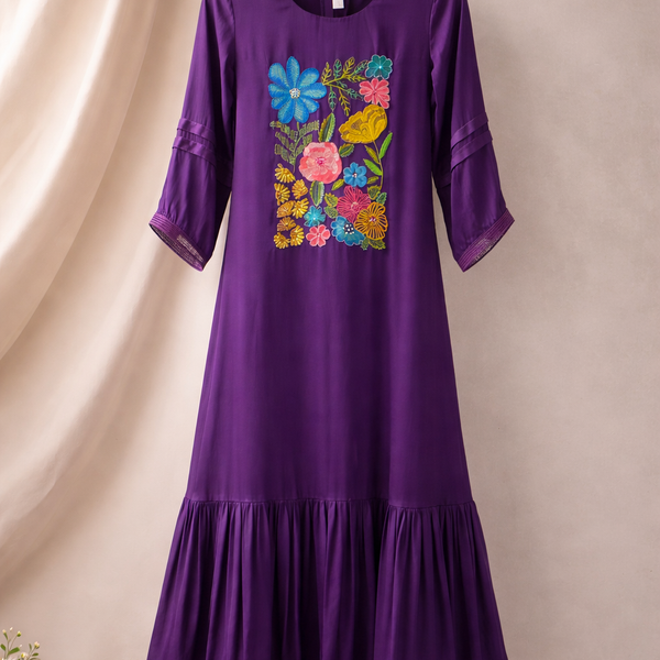 Purple Floral Embroidered Flared Kurta Dress.