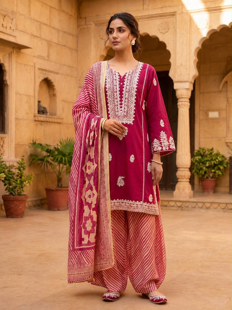Women’s Maroon Embroidered Kurta Patiala Set with Printed Dupatta | Traditional Ethnic Suit for Women