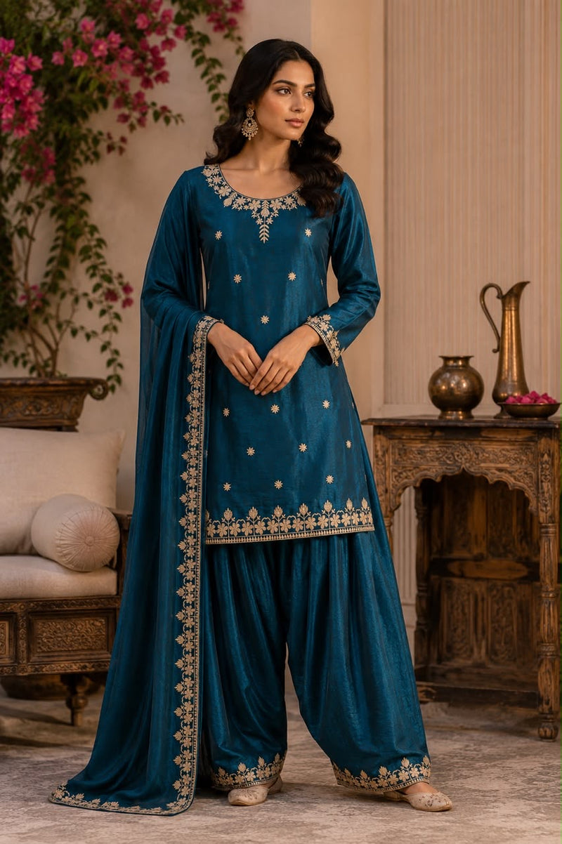 Women’s Wine Maroon Embroidered Kurta Palazzo Set with Dupatta