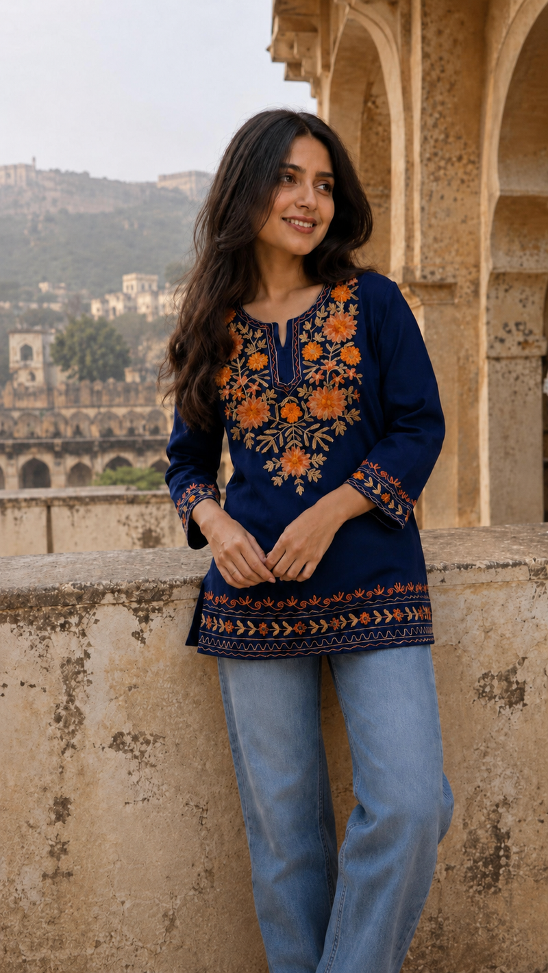 Ivory Floral Embroidered Short Kurti for Women