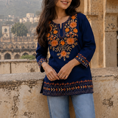 Ivory Floral Embroidered Short Kurti for Women