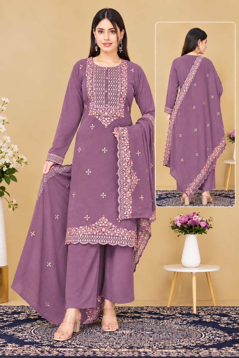 Woollen Embroidered Kurta Pant Dupatta Set
