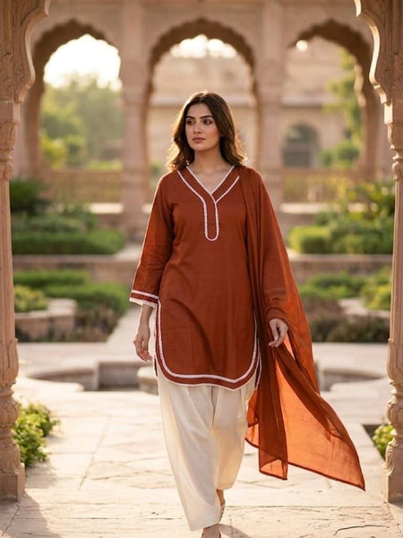 Olive Green Cotton Suit Set with Dupatta for Women | Solid Kurta & Patiala Salwar Set
