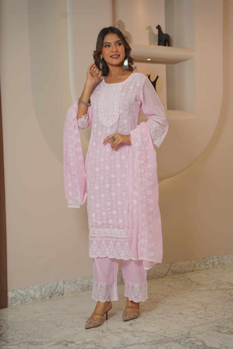 Blush Pink Chikankari Embroidered Cotton Suit Set with Dupatta for Women | Elegant Ethnic Wear