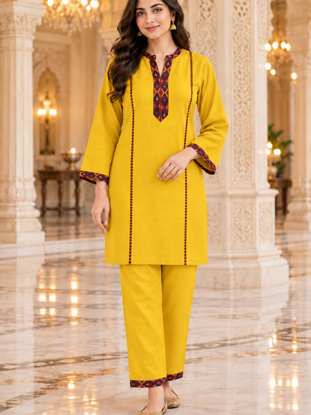 Kashmiri Border Work Winter Kurta Pant Set