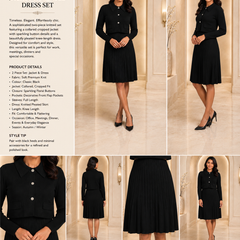 Jet Black Premium Knitted Cropped Jacket & Pleated Dress Co-ord Set for Women