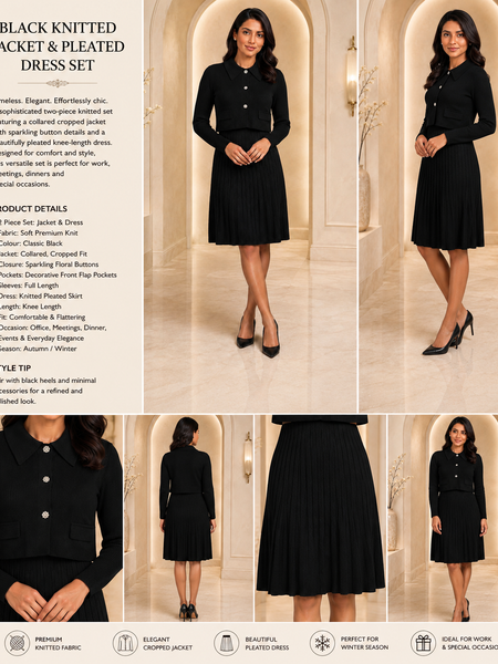 Jet Black Premium Knitted Cropped Jacket & Pleated Dress Co-ord Set for Women