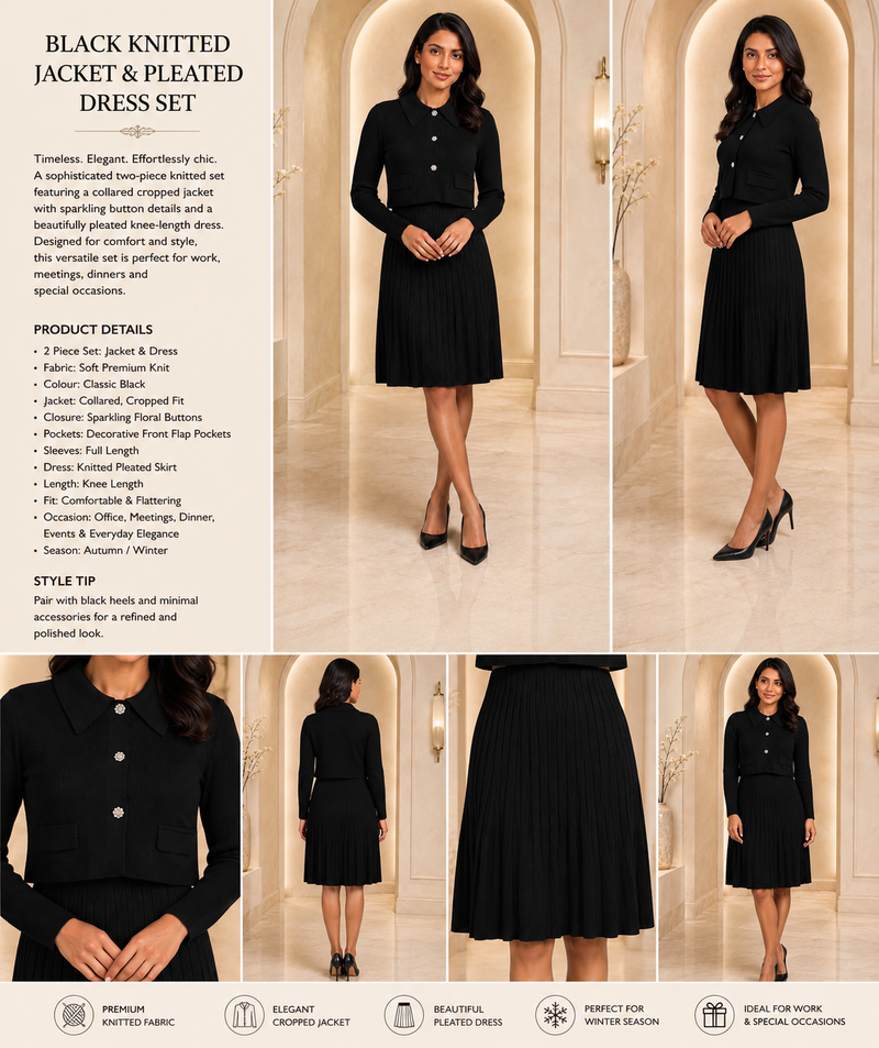 Jet Black Premium Knitted Cropped Jacket & Pleated Dress Co-ord Set for Women
