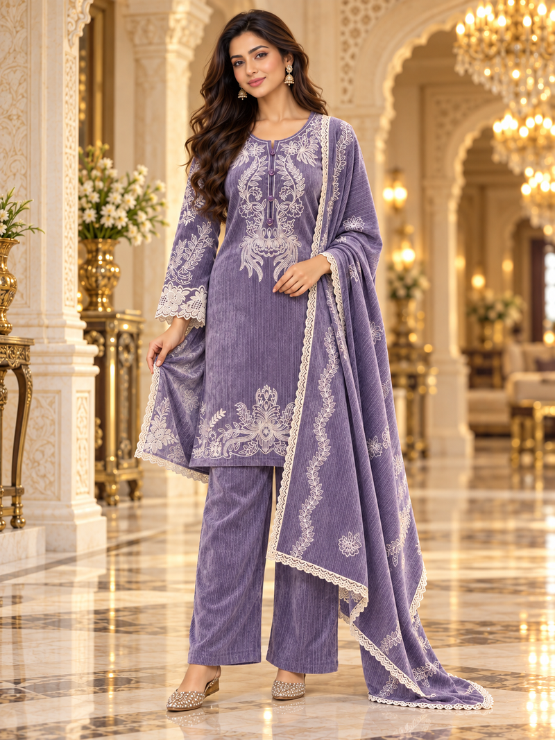 Embroidered Winter Corduroy 3-Piece Suit Set with Dupatta