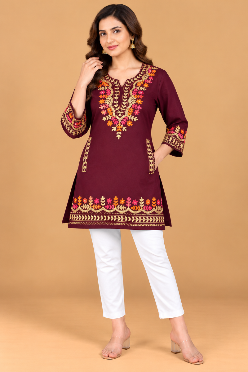 Multicolour Floral Embroidered Short Kurti for Women