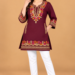 Multicolour Floral Embroidered Short Kurti for Women