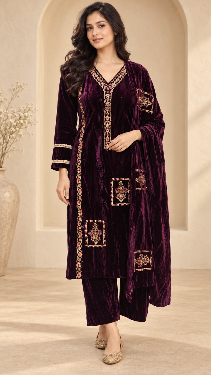 Velvet Embroidered 3-Piece Suit Set