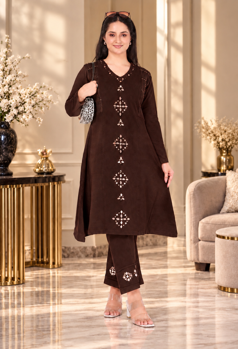 Embroidered Winter A-line Kurta Pant Set