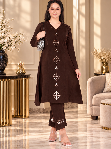 Embroidered Winter A-line Kurta Pant Set