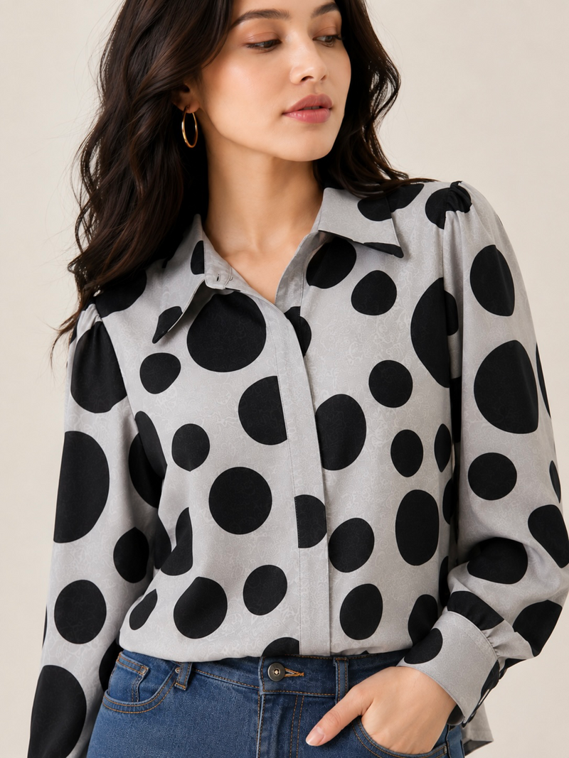 Women’s Grey Black Polka Dot Shirt | Full Sleeve Printed Casual Top for Women