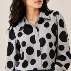 Women’s Grey Black Polka Dot Shirt | Full Sleeve Printed Casual Top for Women