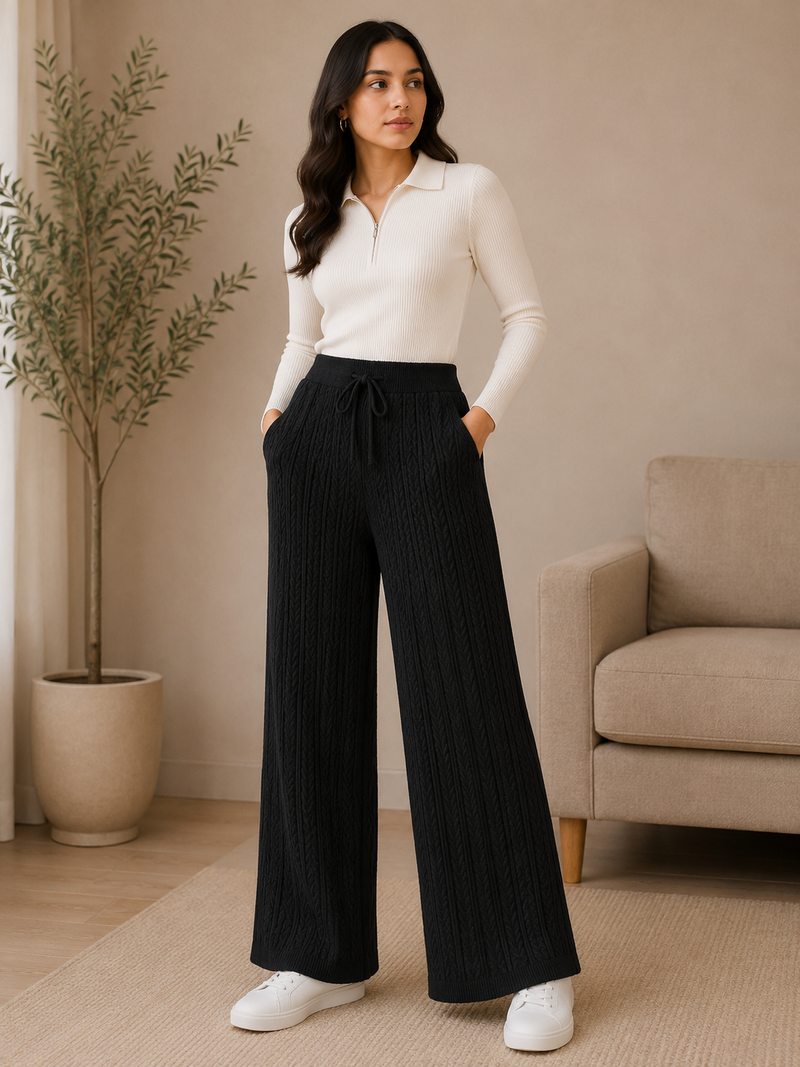 Women’s Cable Knit Wide-Leg Winter Lower | Premium Knitted Warm Pants