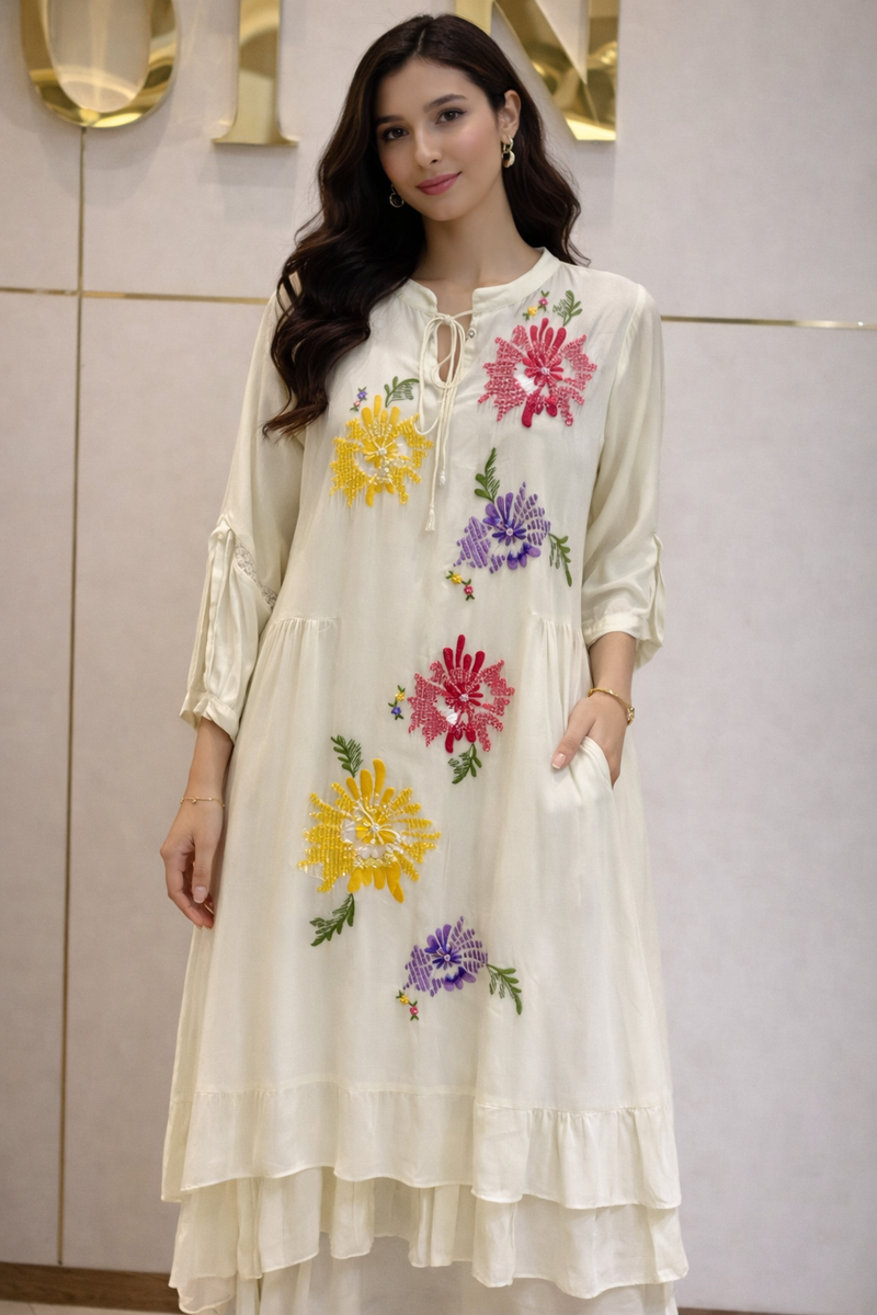 Ivory Floral Embroidered Tiered Dress