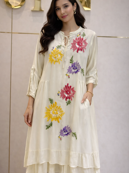 Ivory Floral Embroidered Tiered Dress