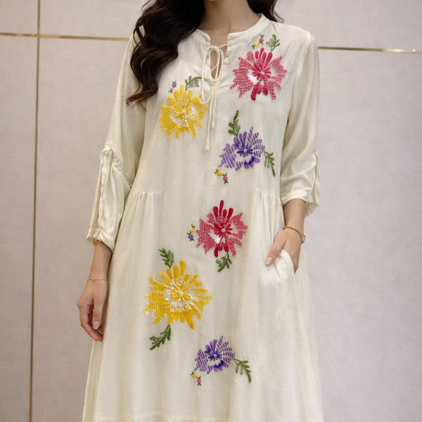 Ivory Floral Embroidered Tiered Dress