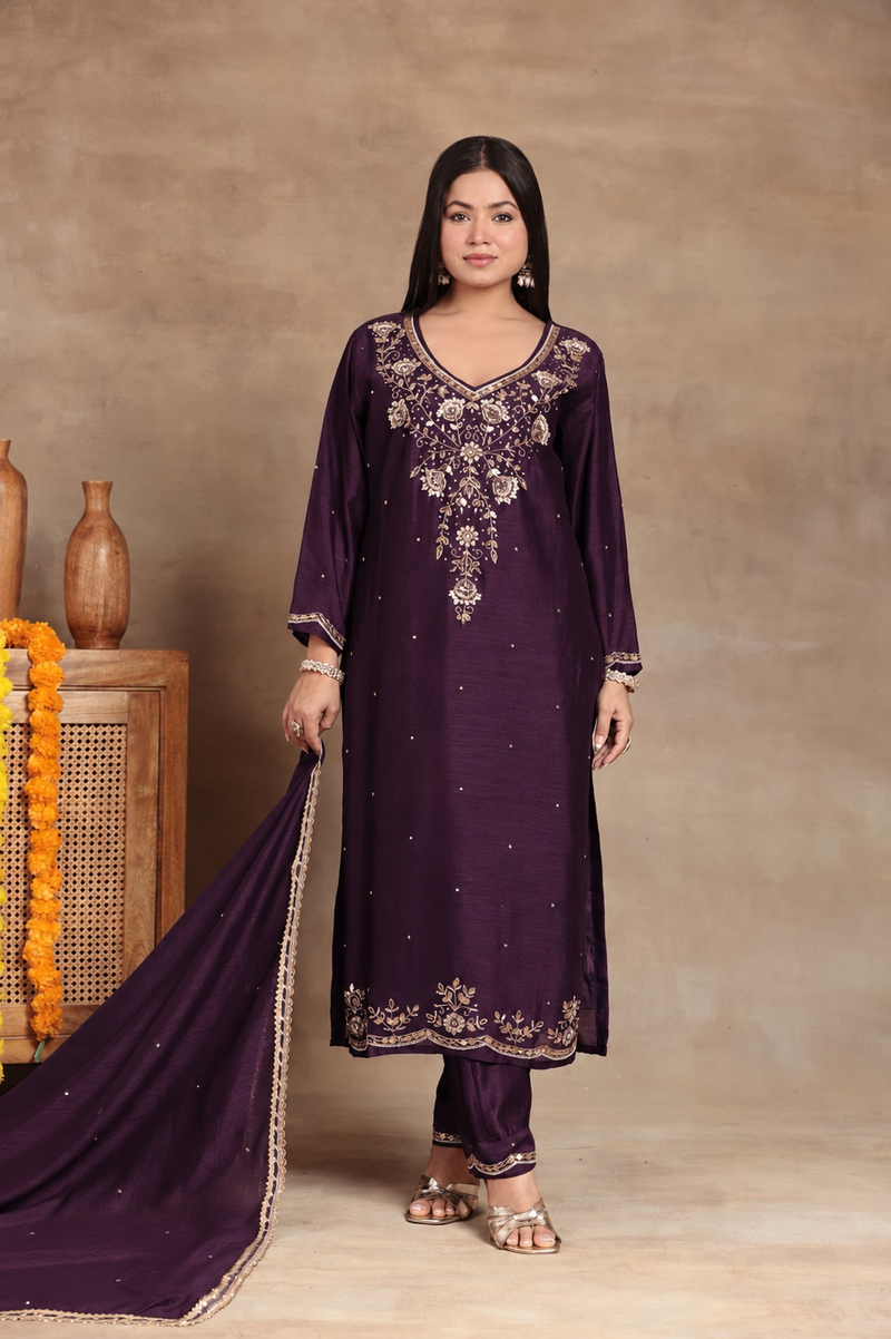 Women’s Rani Pink Embroidered Kurta Pant Set with Dupatta | Festive Ethnic Suit for Women