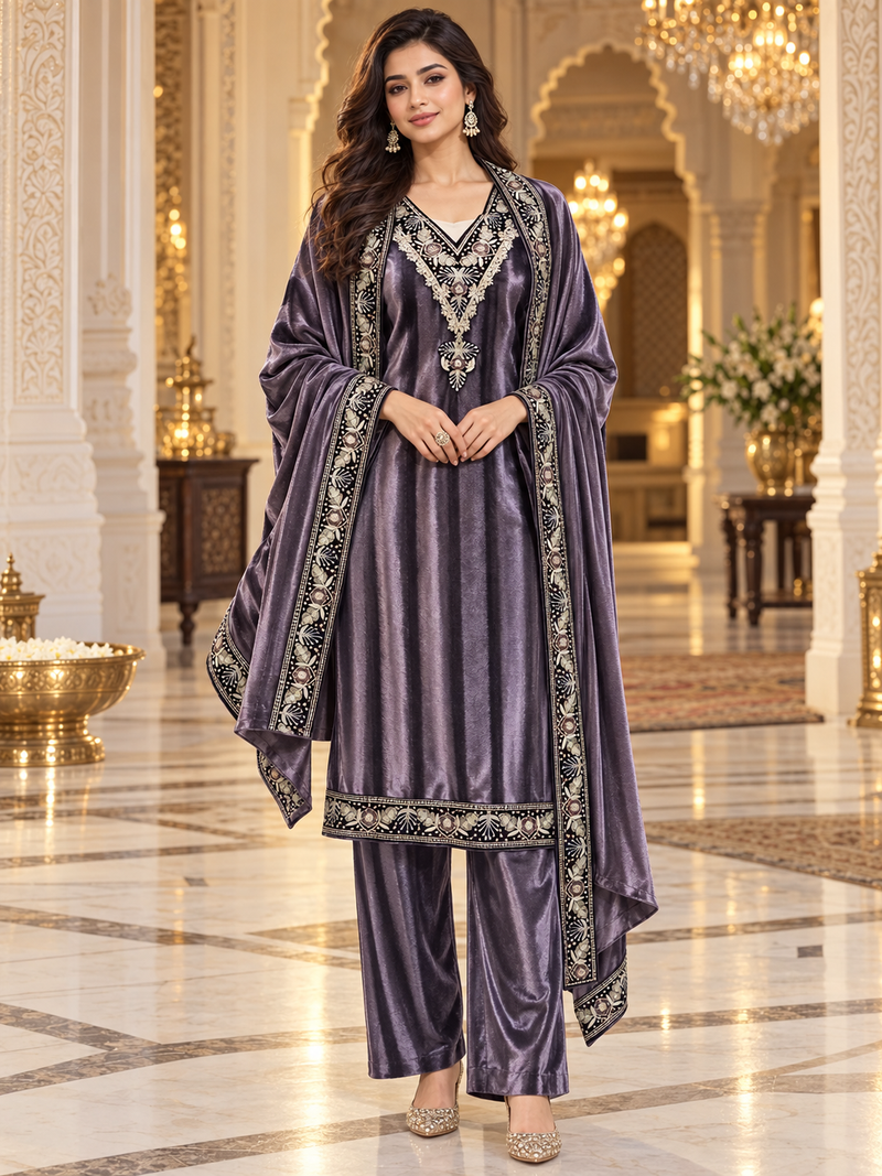 Embroidered Velvet 3-Piece Winter Suit Set with Dupatta