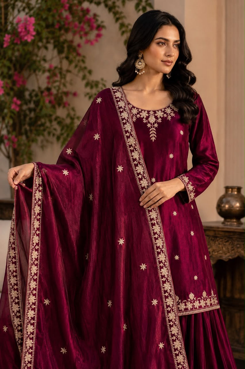Women’s Wine Maroon Embroidered Kurta Palazzo Set with Dupatta