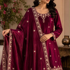 Women’s Wine Maroon Embroidered Kurta Palazzo Set with Dupatta