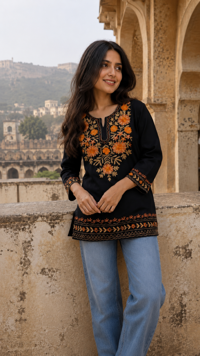 Ivory Floral Embroidered Short Kurti for Women