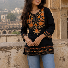 Ivory Floral Embroidered Short Kurti for Women