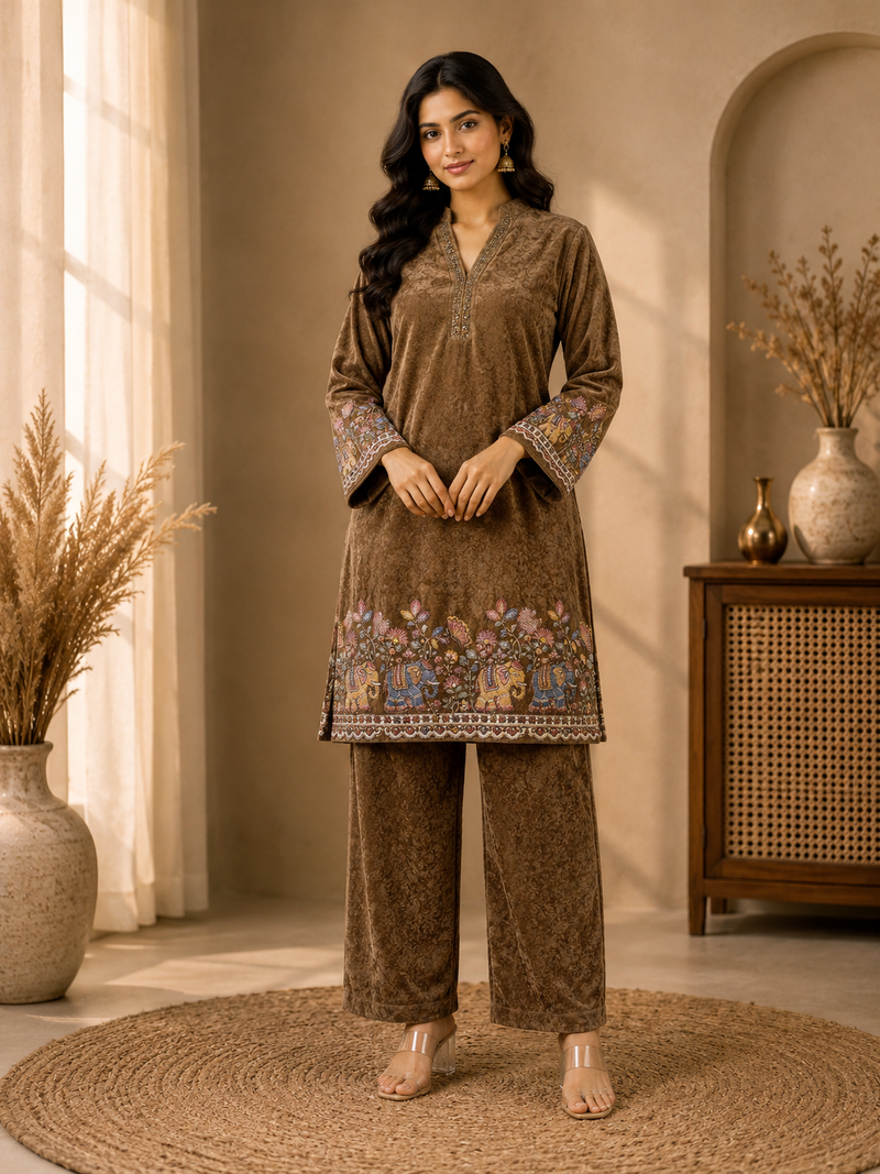 Royal Plum Velvet Elephant Motif Co-ord Set for Women