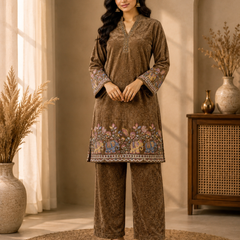 Royal Plum Velvet Elephant Motif Co-ord Set for Women