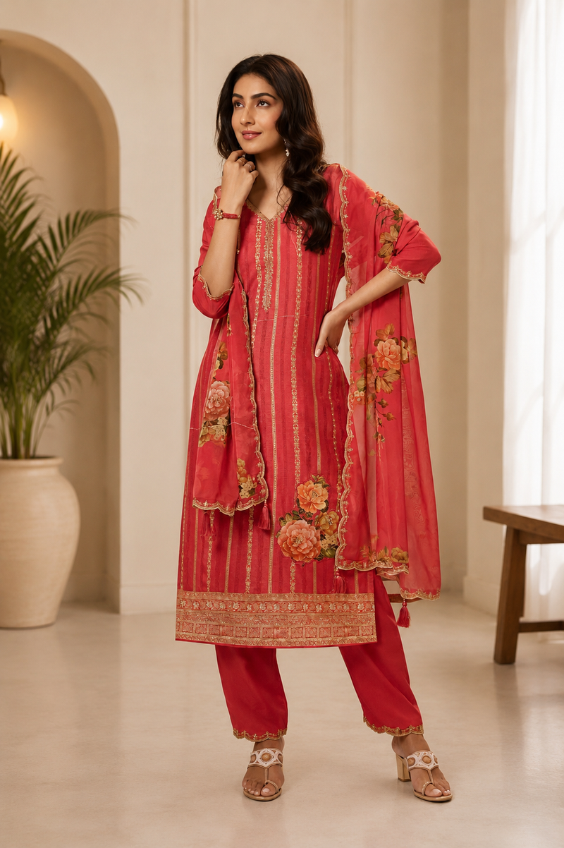 Women’s Mustard Yellow Embroidered Kurta Pant Set with Floral Dupatta | Festive 3-Piece Ethnic Suit