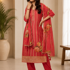 Women’s Mustard Yellow Embroidered Kurta Pant Set with Floral Dupatta | Festive 3-Piece Ethnic Suit