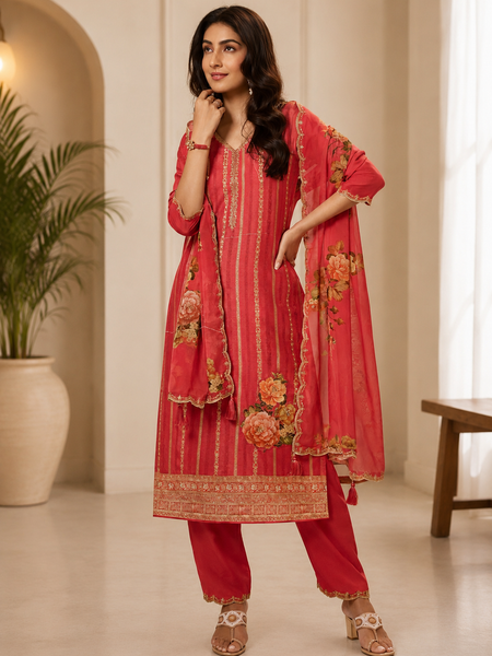 Women’s Mustard Yellow Embroidered Kurta Pant Set with Floral Dupatta | Festive 3-Piece Ethnic Suit