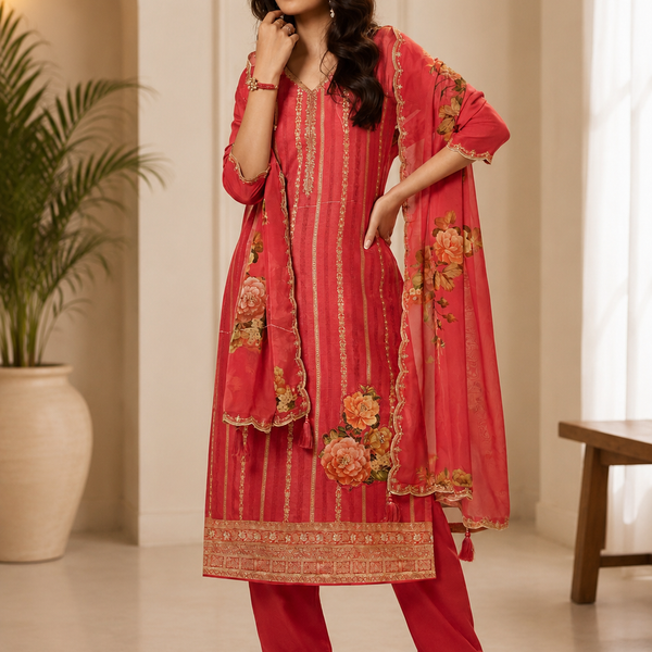Women’s Mustard Yellow Embroidered Kurta Pant Set with Floral Dupatta | Festive 3-Piece Ethnic Suit