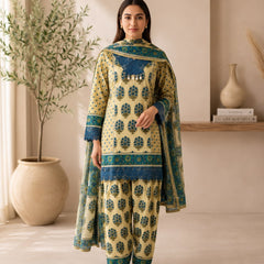 Women’s Beige & Blue Printed Kurta Patiala Set with Dupatta | Ethnic 3-Piece Cotton Suit Set
