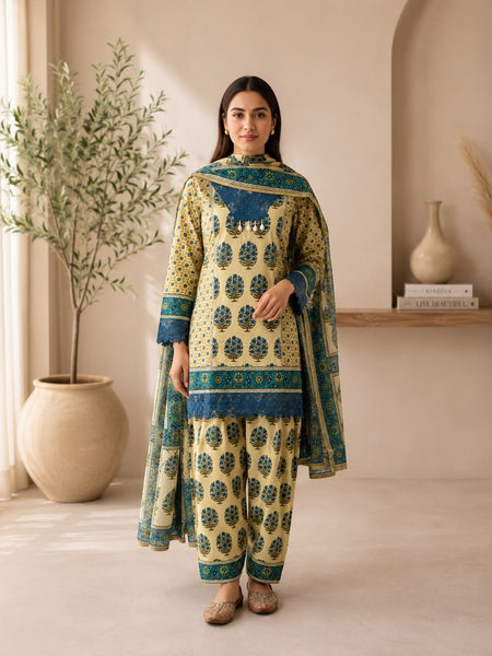 Women’s Beige & Blue Printed Kurta Patiala Set with Dupatta | Ethnic 3-Piece Cotton Suit Set