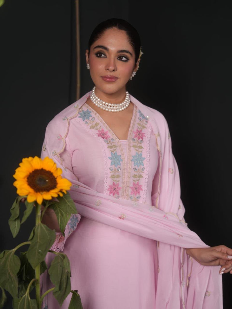 Women’s Powder Blue Floral Embroidered Kurta Pant Set with Dupatta | Elegant Ethnic Suit Set