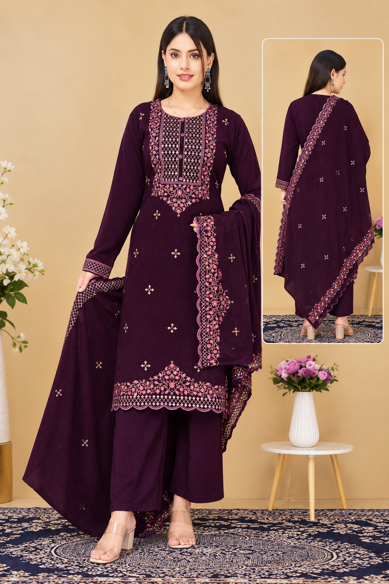 Woollen Embroidered Kurta Pant Dupatta Set