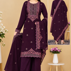 Woollen Embroidered Kurta Pant Dupatta Set