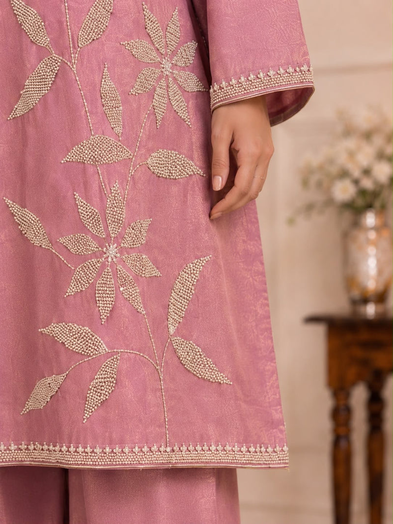 Women’s Dusty Rose Embroidered Kurta Palazzo Set with Dupatta | Elegant Festive Ethnic Wear