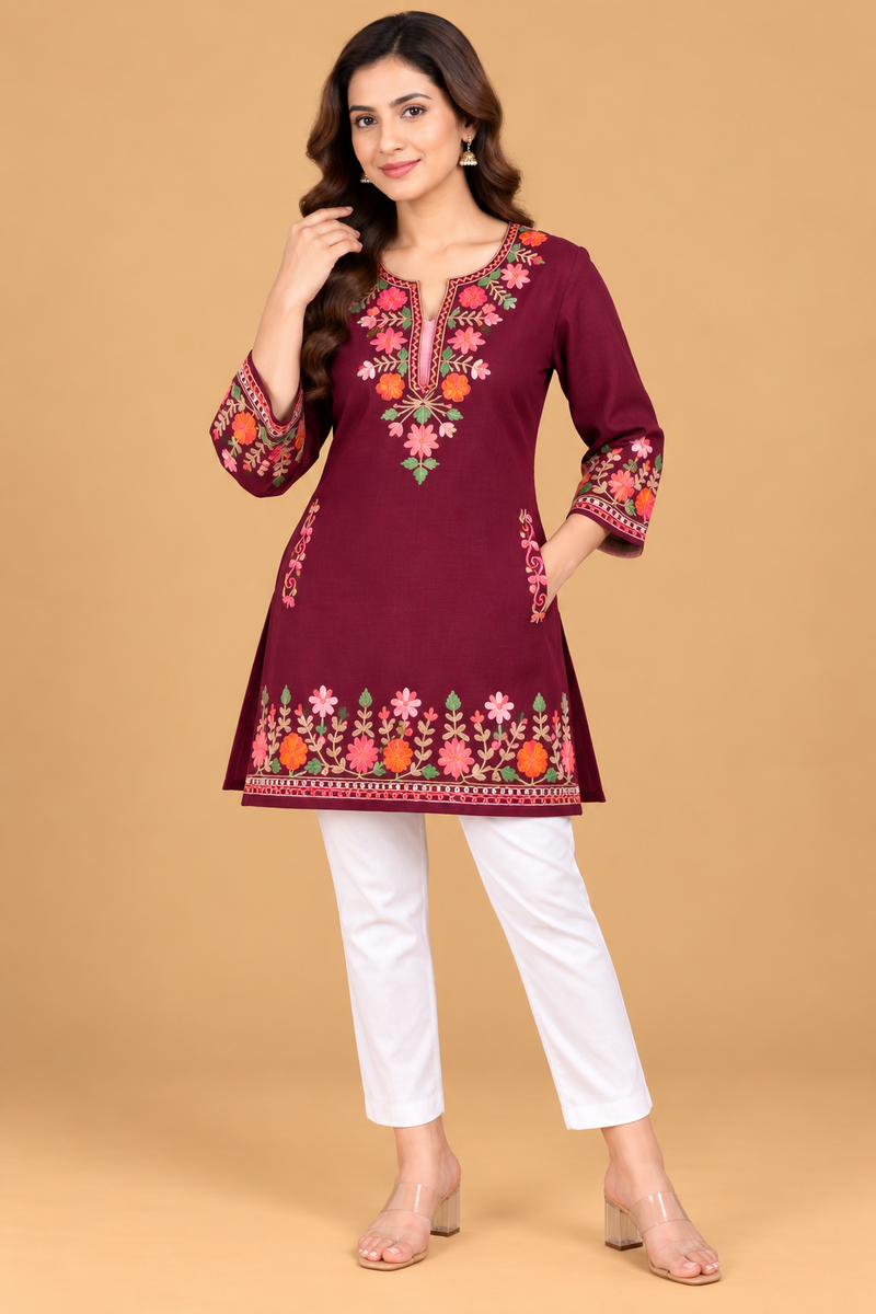 Multicolour Floral Embroidered Short Kurti for Women