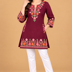 Multicolour Floral Embroidered Short Kurti for Women