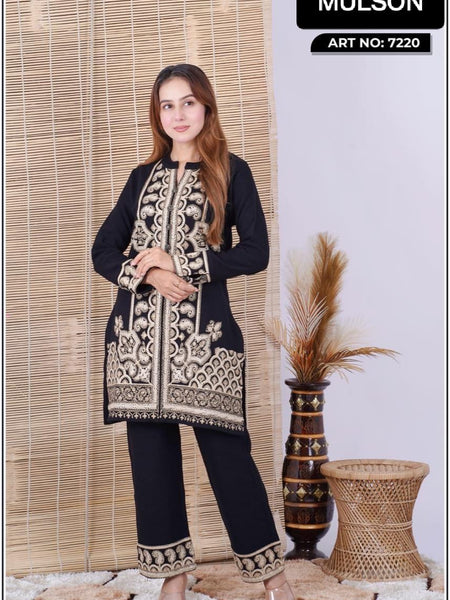 Wrap yourself in refined winter elegance with this premium wool embroidered set. Thoughtfully tailored for comfort and sophistication, this outfit features intricate hand-style embroidery that adds a luxurious ethnic charm. Perfect for graceful winter sty
