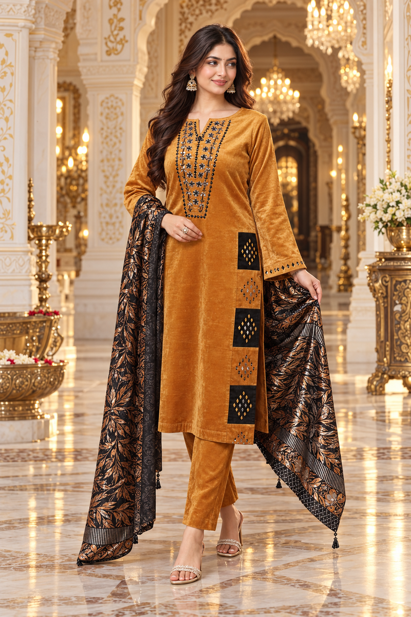 Mustard Gold Velvet Embroidered Kurta Pant Set with Black Floral Dupatta