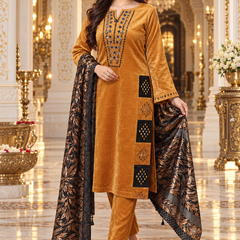 Mustard Gold Velvet Embroidered Kurta Pant Set with Black Floral Dupatta