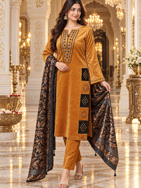 Mustard Gold Velvet Embroidered Kurta Pant Set with Black Floral Dupatta
