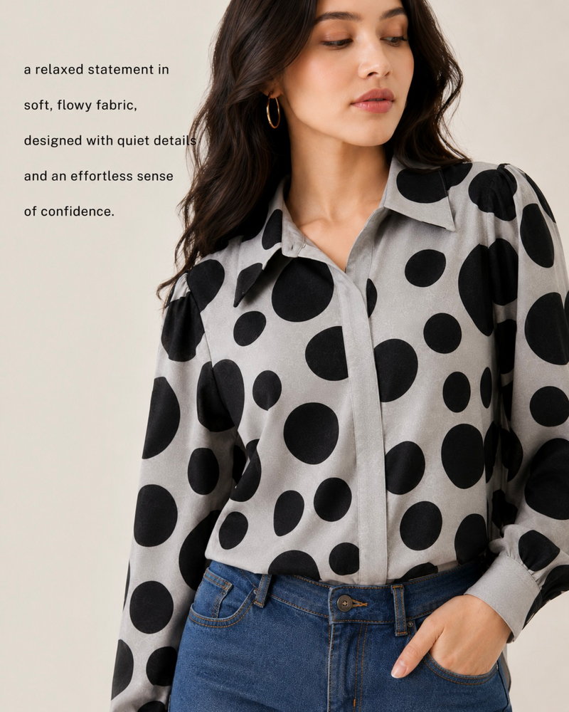 Women’s Grey Black Polka Dot Shirt | Full Sleeve Printed Casual Top for Women